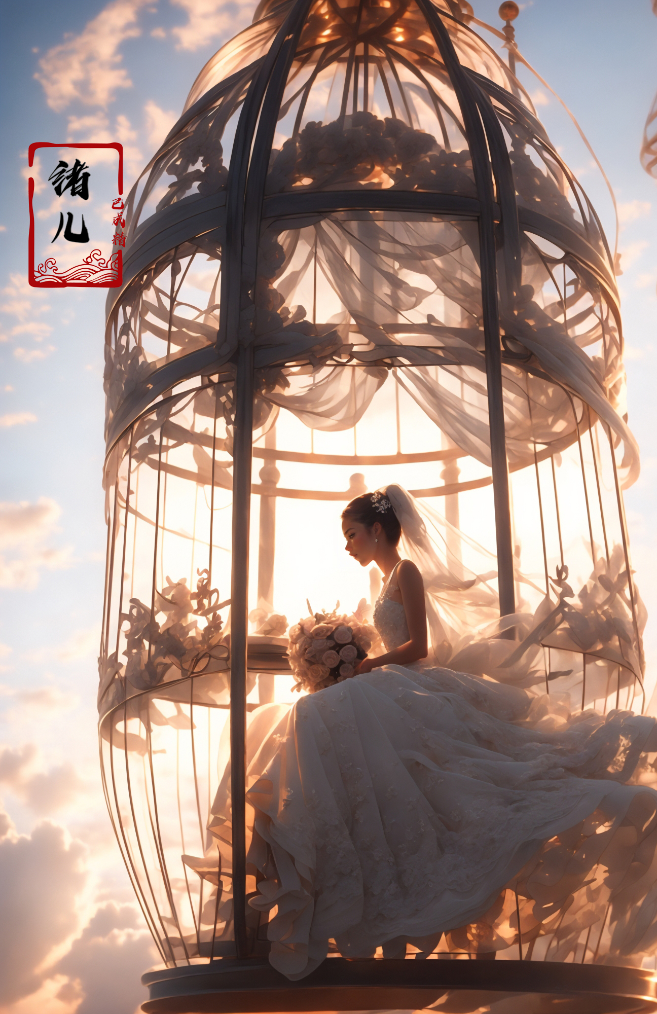 606247209521968567-1276989513-A beautiful woman with an angelic face on a hot air Huge birdcage, Huge birdcage drifts above above clouds, awed by the beauty b.jpg
